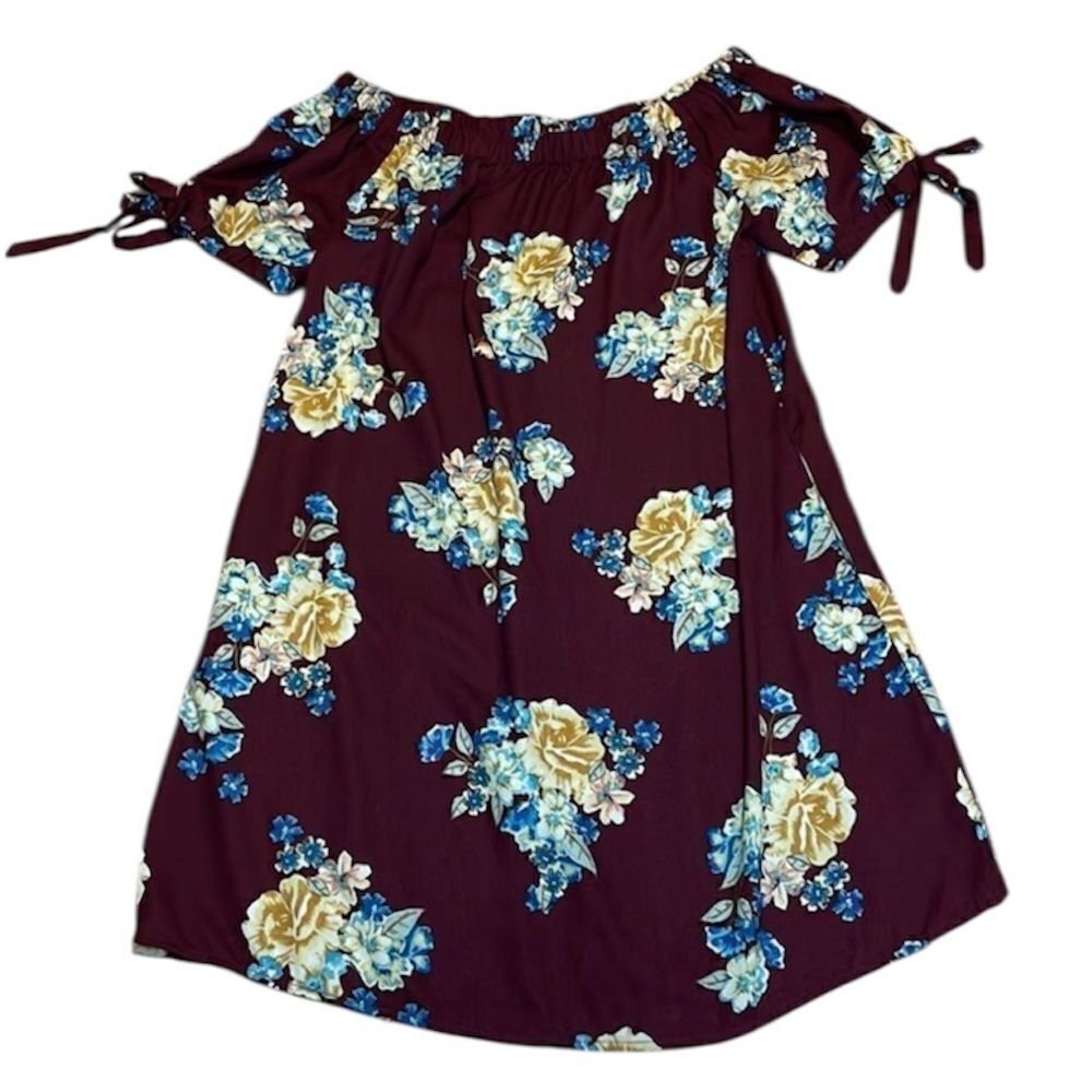 Burgundy Floral dress, off shoulder, medium